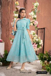 Girls Casual Sky Blue Color Georgette Printed Midi Dress