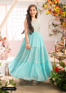 Girls Georgette Firozi Color Sequence Work Gown