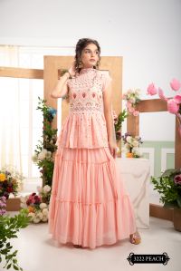 Girls Georgette Peach Color Multi Thread Work Lehenga