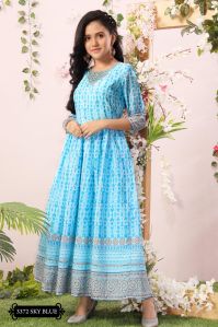 Girls Sky Blue Printed Cotton Fabric Gown