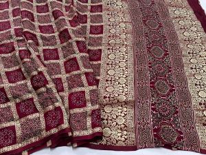 Modal Silk Block Print Ajrakh Checks Saree