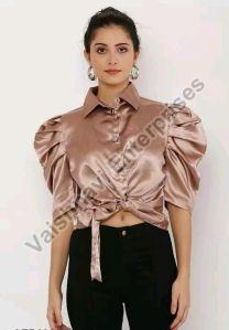 Puff Sleeves Silver Satin Top