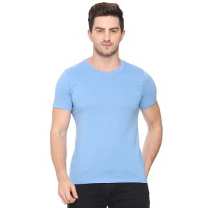 Mens Solid Round Neck Cotton Blend Blue T Shirt