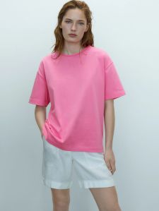 Women  Solid Round  Neck Cotton Blend Pink T Shirt