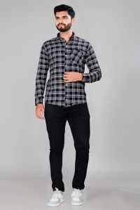 Mens Black Printed Checked Cotton Shirt