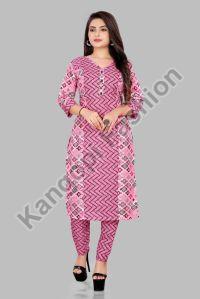 Ladies Pink Printed Kurti Pant Set