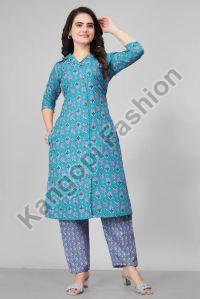 Ladies Sky Blue Cotton Blend Kurta Pant Set