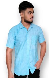 Mens Blue Linen  Cotton Half Sleeve Shirt