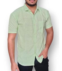 Mens Light Green Khadi Cotton Half Sleeve Shirt