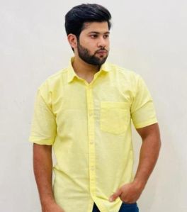 Mens Yellow Linen Cotton Half Sleeve Shirt