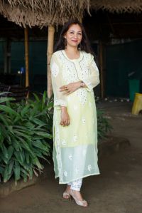 GJs Chikankari Georgette mirror work long kurti