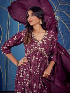 Plum Purple Embroidery Work Anarkali Gown