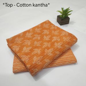 Orange Pure Cotton Kantha Work Dress Material
