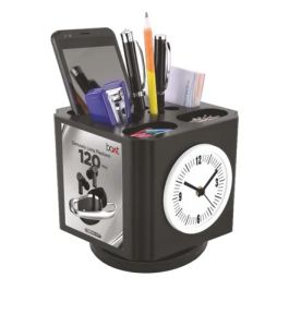 Analog Black Promotional Pen Stand With Clock