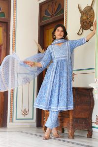 Hand Block Printed Pure Organic Cotton Anarkali suit set with Kota doria Dupptta.