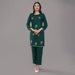 Ladies Bottle Green Color Embroidered Kurti Set