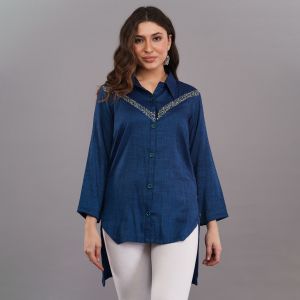 Ladies Navy Blue Shirt Style Cotton Kurti Set