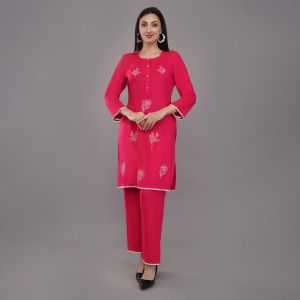 Ladies Rani Color Embroidered Kurti Set