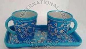 Blue Pottery Tea Cup with Tray