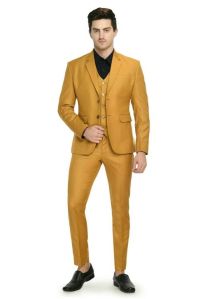 Gold Solid Mens Three Piece Coat Pant