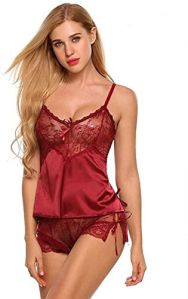 Nighties Laced Ladies Red Satin Baby Doll Dress