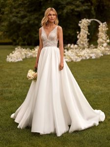 Satin Appliques Lace Beaded A Line Wedding Gown