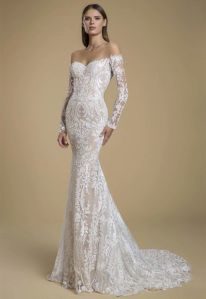 White Mermaid Long Sleeves Neckline Floor Length Wedding Gown