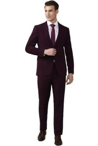 Wine Solid Notched Mens Two Piece Coat Pant