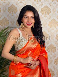 1100-A Orange Zari Silk Sarees