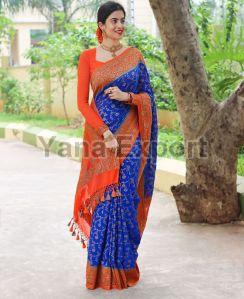 222 Blue & Orange Litchi Silk Sarees
