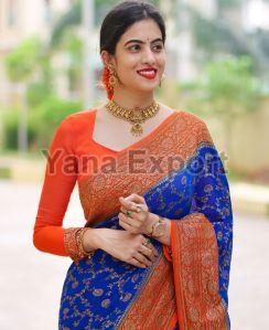 222 Blue & Orange Litchi Silk Sarees