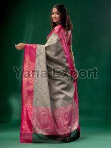 222 Pink & Grey Litchi Silk Sarees
