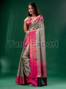 222 Pink & Grey Litchi Silk Sarees
