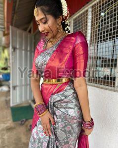 222 Red & Grey Litchi Silk Sarees