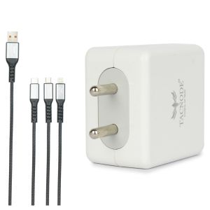 Tacnode 25 Watt SuperFast Usb Port Home Charger with 3 In 1 Usb to Micro, Iphone & Type C Cable