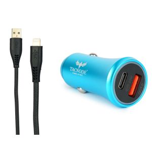 Tacnode Super fast Usb & Type C Port Car Charger 20 Watt with Usb to Apple Cable