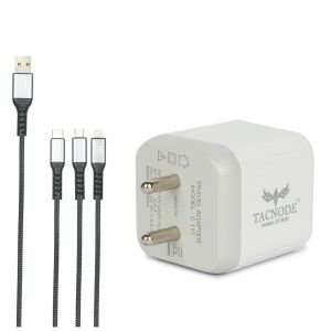 Tacnode Superfast Dual Usb Home charger 3.4 Amp. With 3 In 1 Usb to Micro, Iphone & Type C Cable