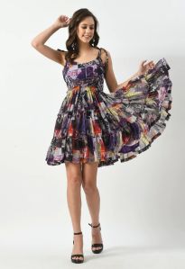 Georgette Whimsical Printed Frill Ladies Short Dress
