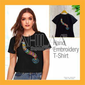 Feather Hand Embroidered Cotton T-Shirt