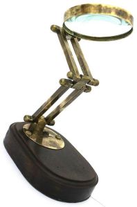 Antique Brass Desk-Top Magnifier on Solid Wood Base