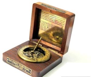 Brass Sundial Compass in a Wooden Box