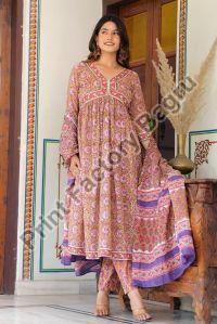 Hand Block Printed Naira Cut Kurta Pant Set with Dupatta