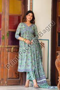 Hand Block Printed Naira Cut Kurta Pant Set with Dupatta