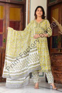 Hand Block Printed Naira Cut Kurta Pant Set with Dupatta