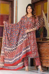 Hand Block Printed Naira Cut Kurta Pant Set with Dupatta