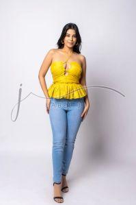 Yellow Cotton Silk Peplum Top