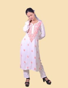 White Red Thread Rayon Cotton Chikankari Kurta