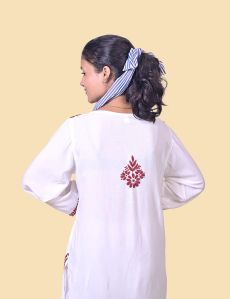 White Mehroon Thread Modal Cotton Chikankari Kurta