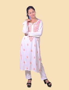 White Red Thread Rayon Cotton Chikankari Kurta