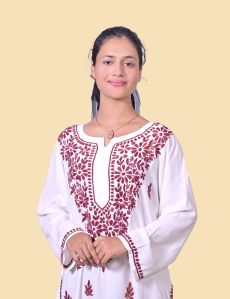 White Mehroon Thread Modal Cotton Chikankari Kurta